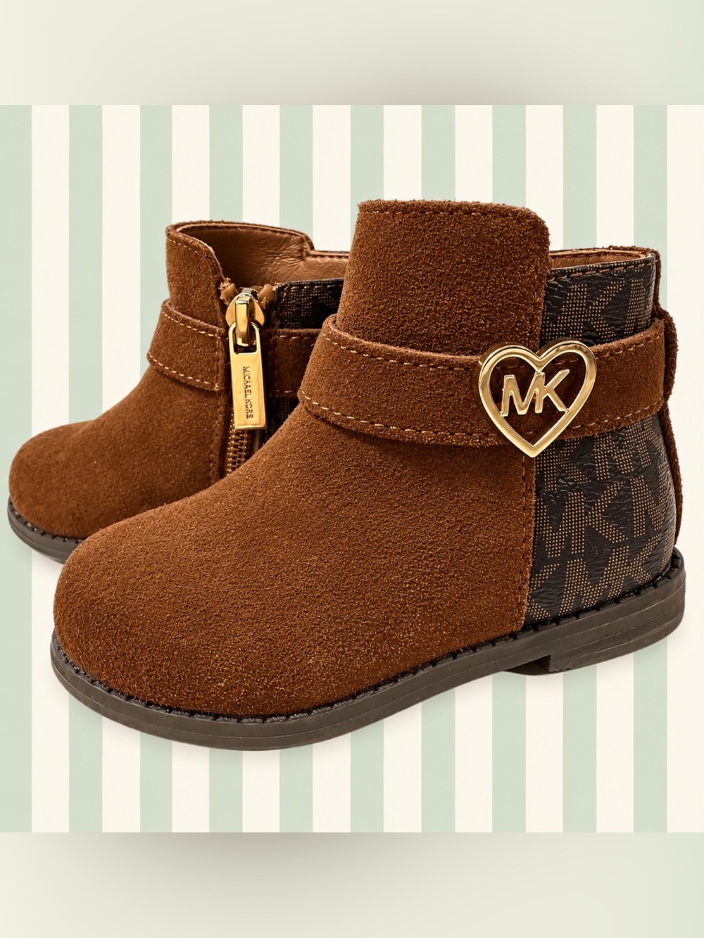 Michael Kors Chestnut Suede-Look Kids Ankle Boots with MK Heart